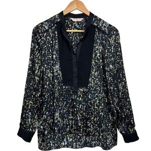 Rebecca Taylor Blouse Women 4 Sequin Print Henley Long Sleeve Top Flowy Polished